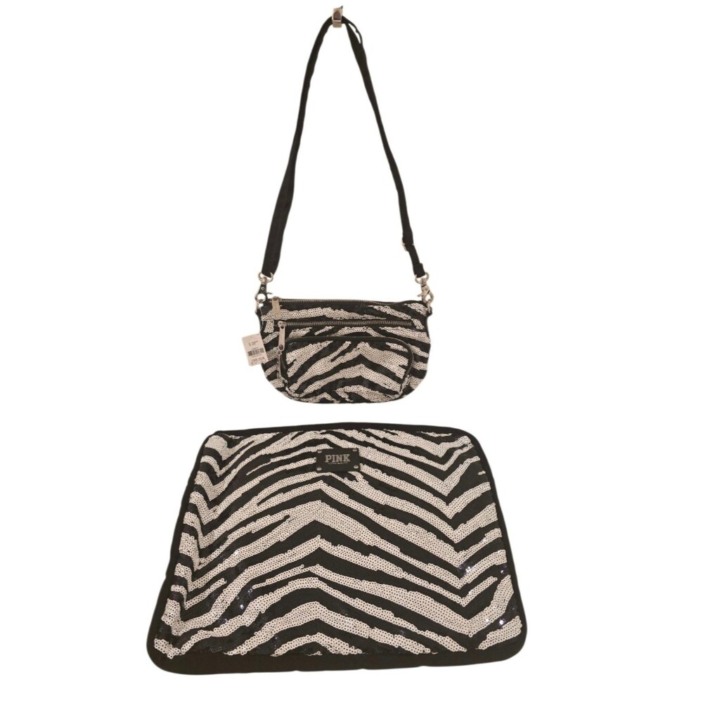 2pc VICTORIA SECRET PINK SEQUIN laptop case 15.5"x11" zebra cross-body bag NEW